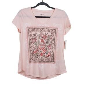 Style & Co Floral Inn Graphic Tee Womens XS Peach V Neck Cotton Blend